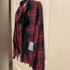 NWT CeCe Red and Black Plaid Blouse with Bow